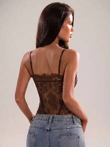 SHEIN BAE Women's Black Lace-Trimmed Sexy And Versatile See-Through Bodysuit, Perfect For Summer Vacations, - Coffee Brown - View 2