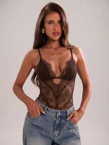 SHEIN BAE Women's Black Lace-Trimmed Sexy And Versatile See-Through Bodysuit, Perfect For Summer Vacations, - Coffee Brown - View 4