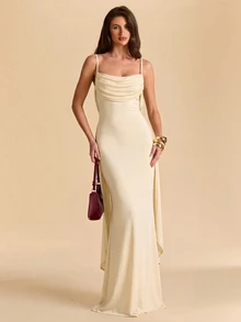 SHEIN BAE Spring/Summer Purple-Red Chiffon Cowl Neck Backless Spaghetti Strap Dress, Elegant Draped Bridesmaid Wedding Dress, Beach Vacation Dress - Apricot - View 7