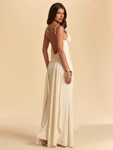 SHEIN BAE Spring/Summer Purple-Red Chiffon Cowl Neck Backless Spaghetti Strap Dress, Elegant Draped Bridesmaid Wedding Dress, Beach Vacation Dress - Apricot - View 5