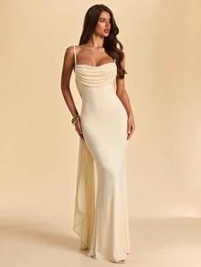 SHEIN BAE Spring/Summer Purple-Red Chiffon Cowl Neck Backless Spaghetti Strap Dress, Elegant Draped Bridesmaid Wedding Dress, Beach Vacation Dress - Apricot - View 4