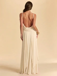 SHEIN BAE Spring/Summer Purple-Red Chiffon Cowl Neck Backless Spaghetti Strap Dress, Elegant Draped Bridesmaid Wedding Dress, Beach Vacation Dress - Apricot - View 3