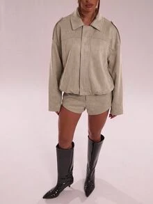 SHEIN BAE 高級慵懶寬鬆休閒短版夾克 - 駝色 - 查看 3