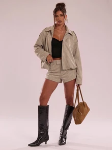 SHEIN BAE Minimalist Lazy Casual Versatile Solid Color Shorts - Camel - View 1