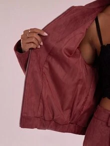 SHEIN BAE 高級慵懶寬鬆休閒長袖拉鍊夾克 - 紅色 - 查看 7