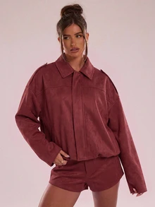 SHEIN BAE 高級慵懶寬鬆休閒長袖拉鍊夾克 - 紅色 - 查看 4