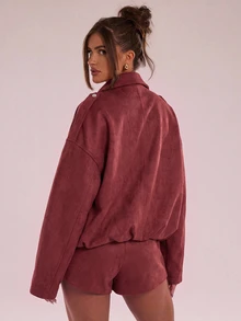 SHEIN BAE 高級慵懶寬鬆休閒長袖拉鍊夾克 - 紅色 - 查看 2