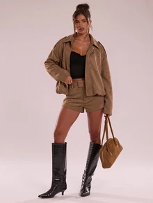 SHEIN BAE 女款素色休閒百搭日常穿著短褲 - 鏽棕色 - 查看 1