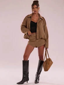 SHEIN BAE 高級慵懶寬鬆休閒短夾克 - 鏽棕色 - 查看 5