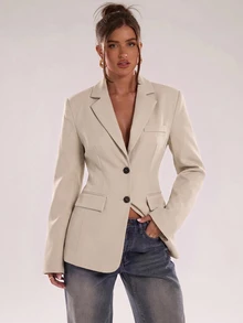 SHEIN BAE Women's Solid Color Lapel NeckLong Sleeve Single-Breasted Casual Blazer - Apricot - View 1