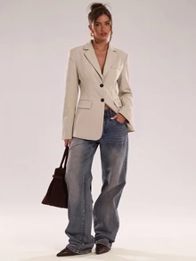 SHEIN BAE Women's Solid Color Lapel NeckLong Sleeve Single-Breasted Casual Blazer - Apricot - View 4