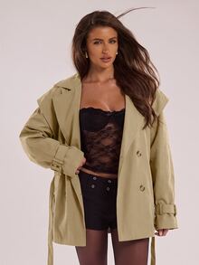 SHEIN BAE 女款時尚百搭長袖風衣街頭風 - 卡其色 - 查看 3