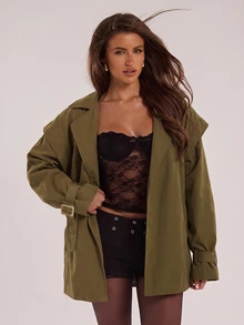 SHEIN BAE 女款極簡街頭風長袖風衣外套，附口袋 - 綠色 - 查看 3