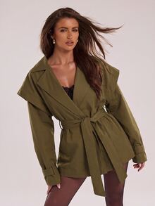 SHEIN BAE 女款極簡街頭風長袖風衣外套，附口袋 - 綠色 - 查看 4