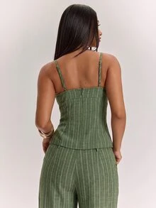 SHEIN BAE 女款條紋修身休閒百搭細肩帶背心上衣 - 軍綠色 - 查看 2