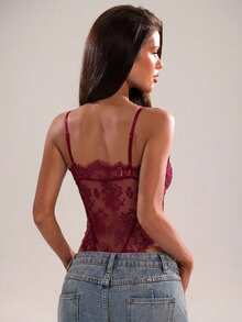 SHEIN BAE 女款黑色蕾絲飾邊性感百搭透視連身衣 - 酒紅色 - 查看 2