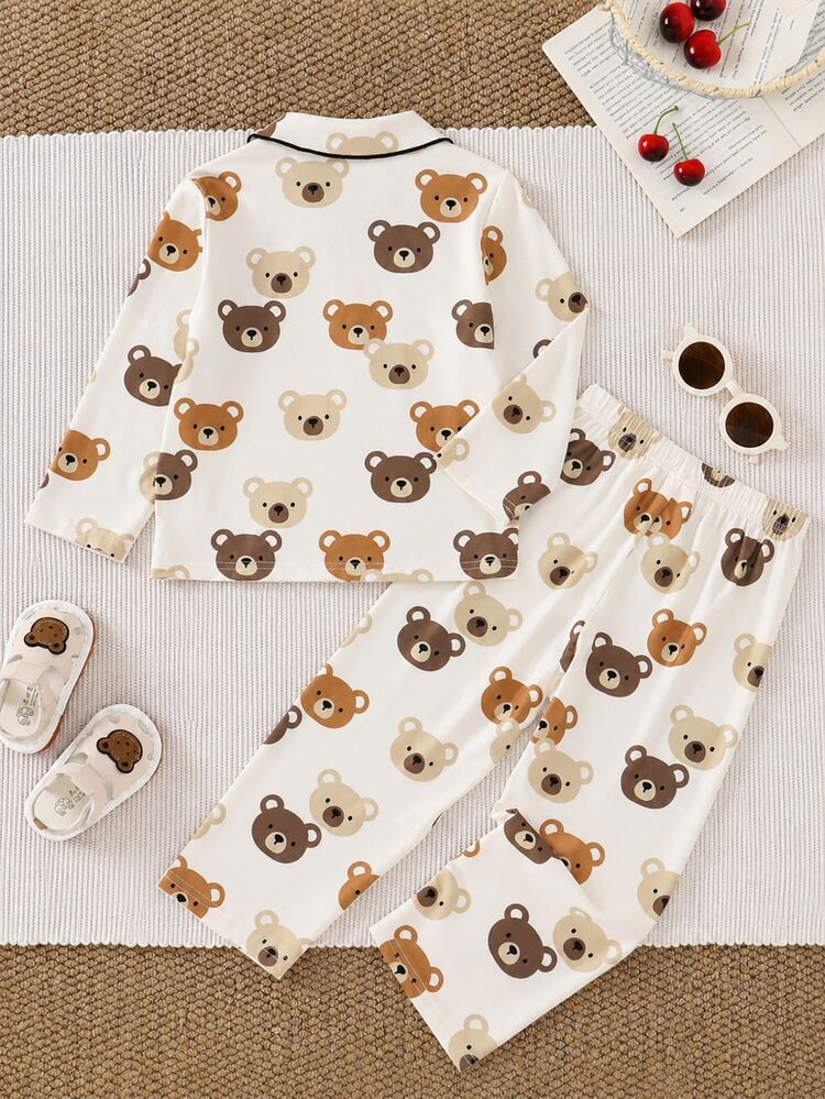 2pcs Baby Boy Baby Girl Cartoon Cute Bear Pattern Short Sleeve Lapel Long Sleeve Button-Up Top Elastic Waist Long Pants Two Pieces Set Printed Pajamas Homewear Suitable For Autumn And Winter - Multicolor - View 8