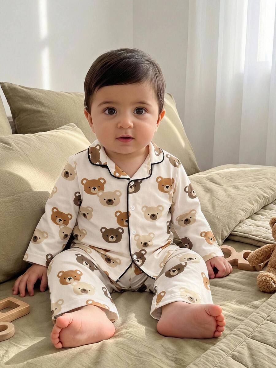 2pcs Baby Boy Baby Girl Cartoon Cute Bear Pattern Short Sleeve Lapel Long Sleeve Button-Up Top Elastic Waist Long Pants Two Pieces Set Printed Pajamas Homewear Suitable For Autumn And Winter - Multicolor - View 1