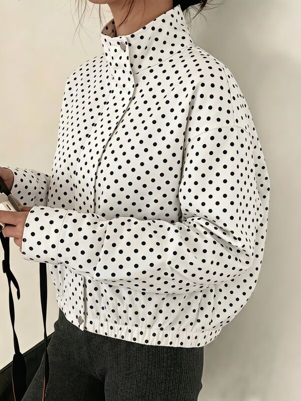SHEIN Teen Girl Black & White Polka Dot Long Sleeve Zip-Up Jacket, Stand Collar Loose Short Casual Jacket, Y2K Back-To-School Street Style, Daily Wear, Halloween, Back-To-School, Autumn/Fall