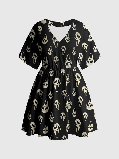 Goth Vestido Gótico Oscuro con Máscara, Estilo Punk Oscuro, Chica Sexy, Gótico Misterioso, Cuello en V, Talla Grande
