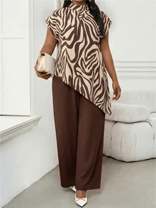 SHEIN Lady High-End Elegant Plus Size Zebra Print Pattern Coffee Color Women's Blouse, Office - Multicolor - View 6