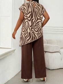 SHEIN Lady High-End Elegant Plus Size Zebra Print Pattern Coffee Color Women's Blouse, Office - Multicolor - View 2