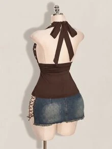 SHEIN ICON Halloween Women's Halter Backless Black Babydoll Tank Top - Brown - View 3