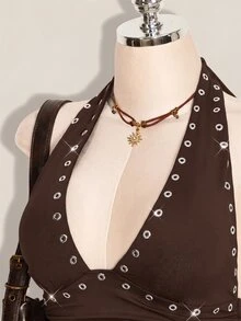 SHEIN ICON Halloween Women's Halter Backless Black Babydoll Tank Top - Brown - View 7
