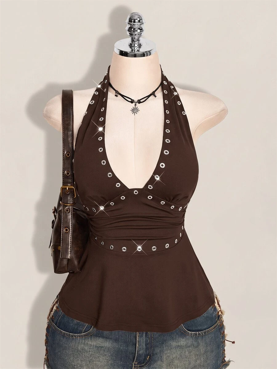 SHEIN ICON Halloween Women's Halter Backless Black Babydoll Tank Top - Brown - View 1