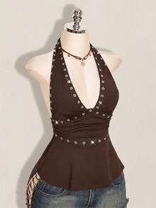 SHEIN ICON Halloween Women's Halter Backless Black Babydoll Tank Top - Brown - View 8