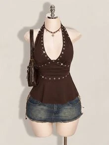 SHEIN ICON Halloween Women's Halter Backless Black Babydoll Tank Top - Brown - View 5