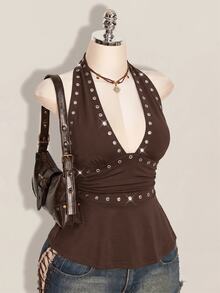 SHEIN ICON Halloween Women's Halter Backless Black Babydoll Tank Top - Brown - View 11