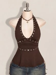 SHEIN ICON Halloween Women's Halter Backless Black Babydoll Tank Top - Brown - View 4