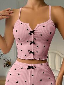 SHEIN Casual Underwear&Sleepwear 女士心形印花蝴蝶结装饰睡衣上衣 - 粉色 - 查看 6