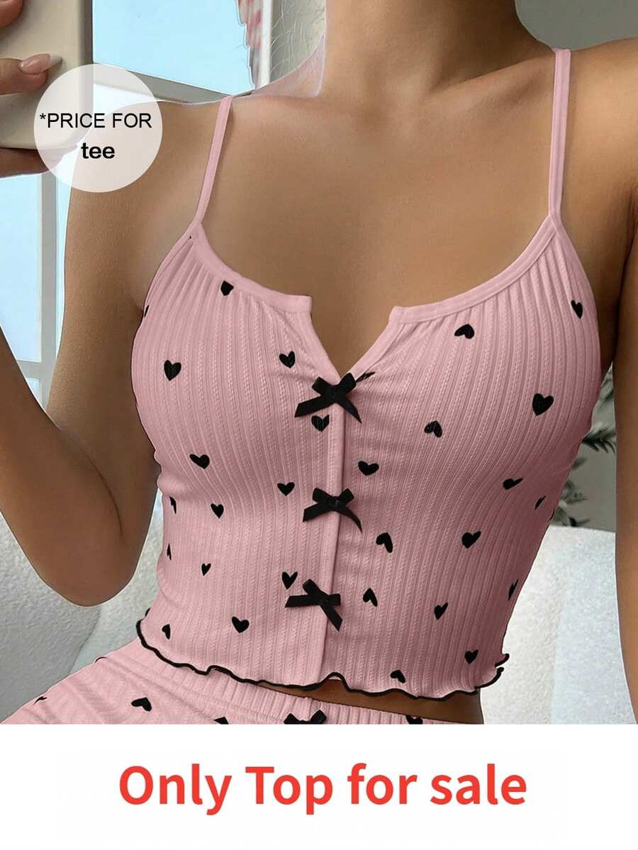 SHEIN Casual Underwear&Sleepwear 女士心形印花蝴蝶结装饰睡衣上衣 - 粉色 - 查看 1