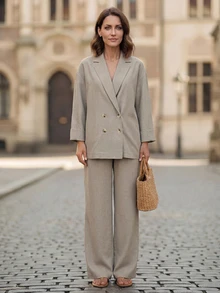 EMERY ROSE Women's Suit Jacket And Pants Casual Suit Set Teachers' Day Business Office Brunch Beige Winter - Khaki - View 5