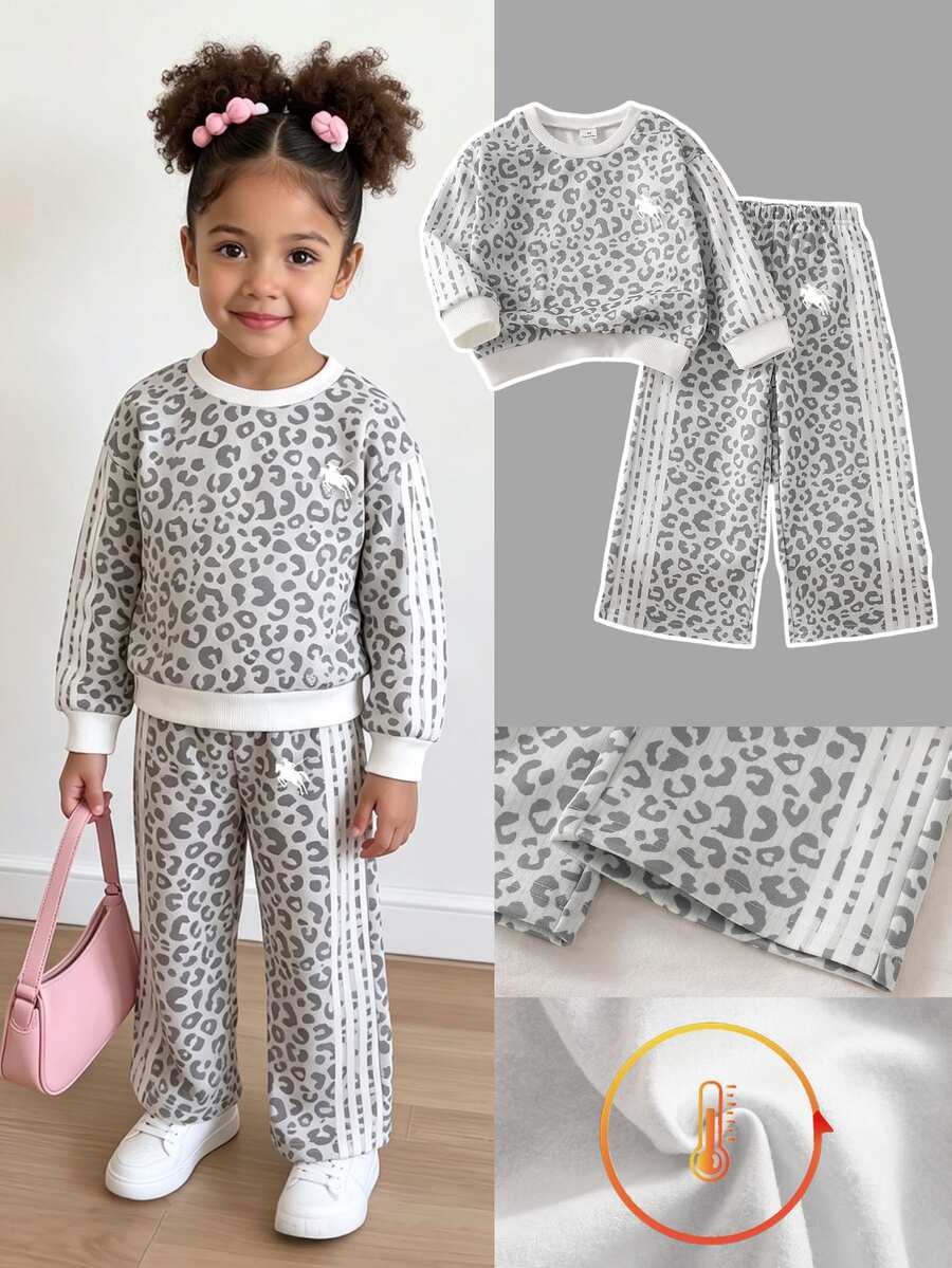 Girls 4-7Y 2Pcs Leopard & Equestrian Print Sweatshirt Wide Leg Pants Set Cozy Fleece Striped Tracksuit For Fall Winter Spring School Daily Casual Wear