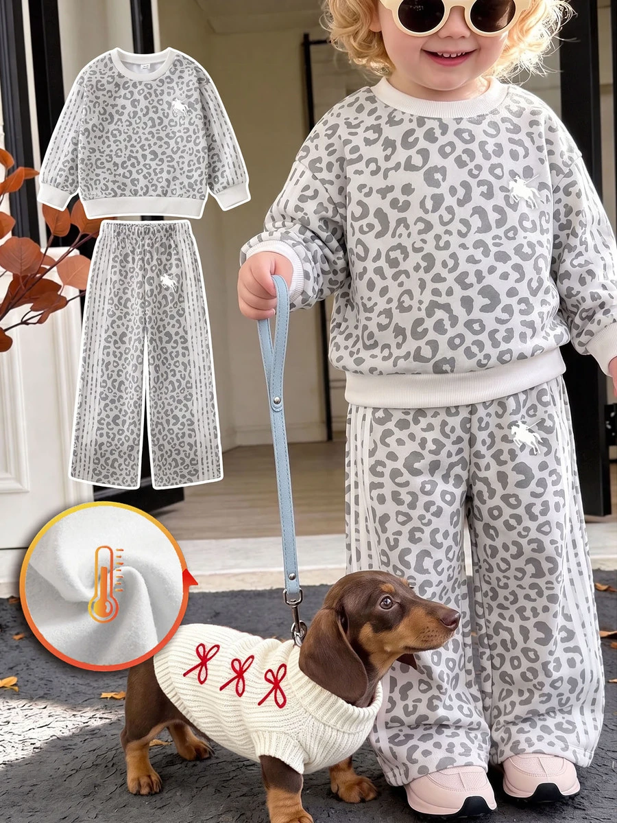 Setelan Anak Perempuan 4-7 Tahun 2 Potong: Sweatshirt Motif Leopard & Berkuda, Celana Panjang Lebar, Bahan Fleece Nyaman, Bergaris, Cocok untuk Musim Gugur, Musim Dingin, Musim Semi, Sekolah, dan Pakaian Kasual Sehari-hari