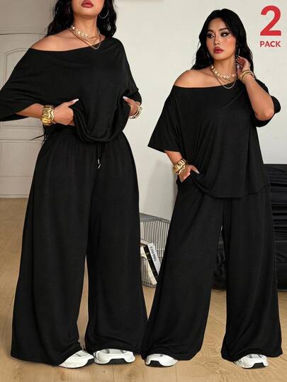 Coolane Women's Plus Size Summer Fall Casual Sports Basic Daily Wear Formal Going Out Vacation Elegant Off Shoulder T-Shirt And Wide Leg Black