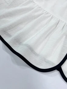 SHEIN Atasan baru model baru dengan kerah bulat, tali pengikat, detail blok warna, dan motif daun teratai yang lucu, sangat modis, atasan yang chic, cocok untuk perjalanan sehari-hari, liburan, dan musim semi/gugur. - Putih - View 7