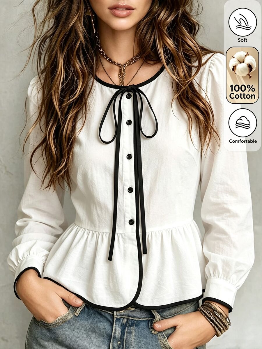 SHEIN Atasan baru model baru dengan kerah bulat, tali pengikat, detail blok warna, dan motif daun teratai yang lucu, sangat modis, atasan yang chic, cocok untuk perjalanan sehari-hari, liburan, dan musim semi/gugur.