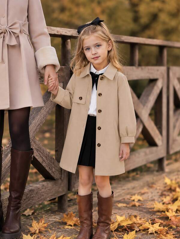 Young Girl Khaki Lapel Neck Lantern Sleeve Button Up Trench Coat, Cute Academic Style Plain Longline Jacket For Autumn & Winter