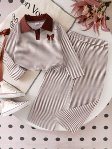 SHEIN Elladie kids 2件組女孩條紋領長袖針織上衣與長褲套裝，時尚兒童休閒服，適合初秋穿著 - 卡其色 - 查看 3