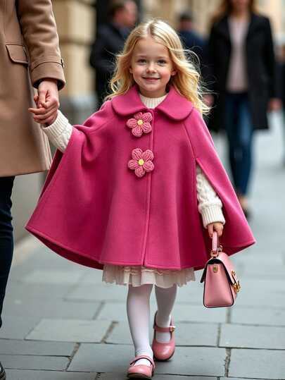 SHEIN Girls' Rose Red Patchwork 3D Crochet Flower Cape Shawl Detail Lady Style Overcoat Autumn/Winter