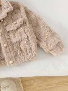 SHEIN Elladie kids 女童毛絨領長袖夾克，彈性下擺與袖口，秋冬保暖外套，現代時尚女童夾克，適合外出、購物與拍照 - 卡其色 - 查看 7