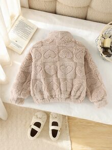 SHEIN Elladie kids 女童毛絨領長袖夾克，彈性下擺與袖口，秋冬保暖外套，現代時尚女童夾克，適合外出、購物與拍照 - 卡其色 - 查看 3