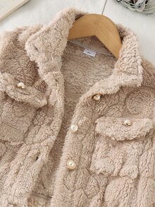 SHEIN Elladie kids 女童毛絨領長袖夾克，彈性下擺與袖口，秋冬保暖外套，現代時尚女童夾克，適合外出、購物與拍照 - 卡其色 - 查看 6