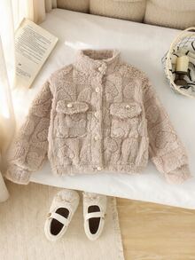 SHEIN Elladie kids 女童毛絨領長袖夾克，彈性下擺與袖口，秋冬保暖外套，現代時尚女童夾克，適合外出、購物與拍照 - 卡其色 - 查看 4