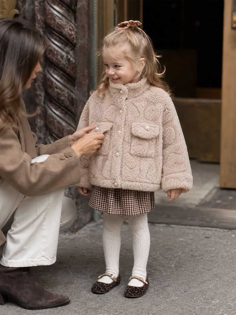 SHEIN Elladie kids 女童毛絨領長袖夾克，彈性下擺與袖口，秋冬保暖外套，現代時尚女童夾克，適合外出、購物與拍照