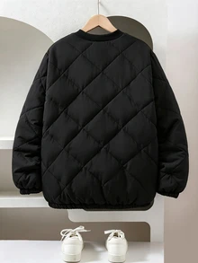 Teen Boys Loose Baseball Collar Casual Fashion Mesh Versatile Padded Coat, Suitable For Daily Wear, Autumn/Winter, Jacket, Black Jacket - Black - View 2